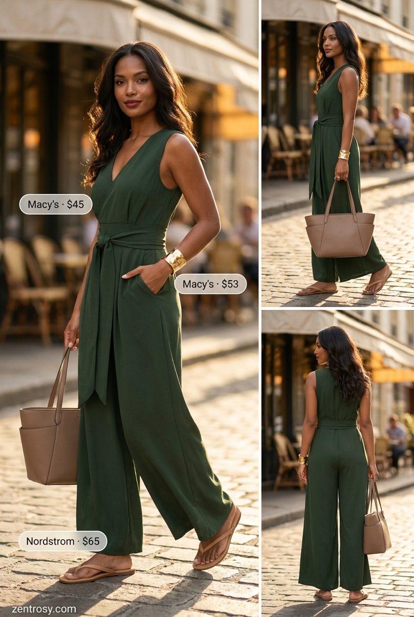 Jumpsuit Summer Outfits with Flat Sandals for Women 2026 Polished olive green wide-leg jumpsuit, cream tote, and gold cuff for summer outfits with flat sandals for women 2026.