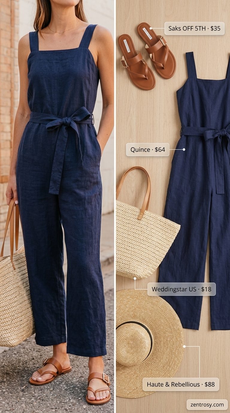 Linen Jumpsuit & Flat Sandals 2026 Navy linen jumpsuit with flat thong sandals for women 2026. Relaxed chic travel outfit.