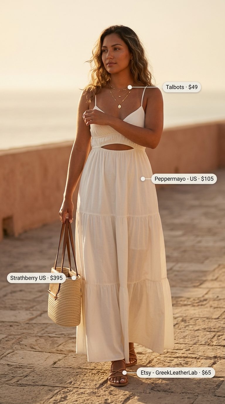 Golden Hour Coastal Breeze: Summer Outfits 2026 Cream linen maxi dress with leather sandals, summer outfits with flat sandals for women 2026. Warm evening style.