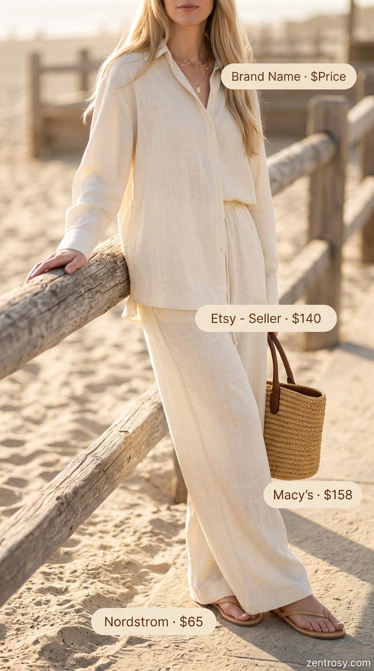 Coastal Breeze Linen Set: Summer Outfits 2026 Linen set with straw tote, summer outfits with flat sandals for women 2026. Chic vacation style.