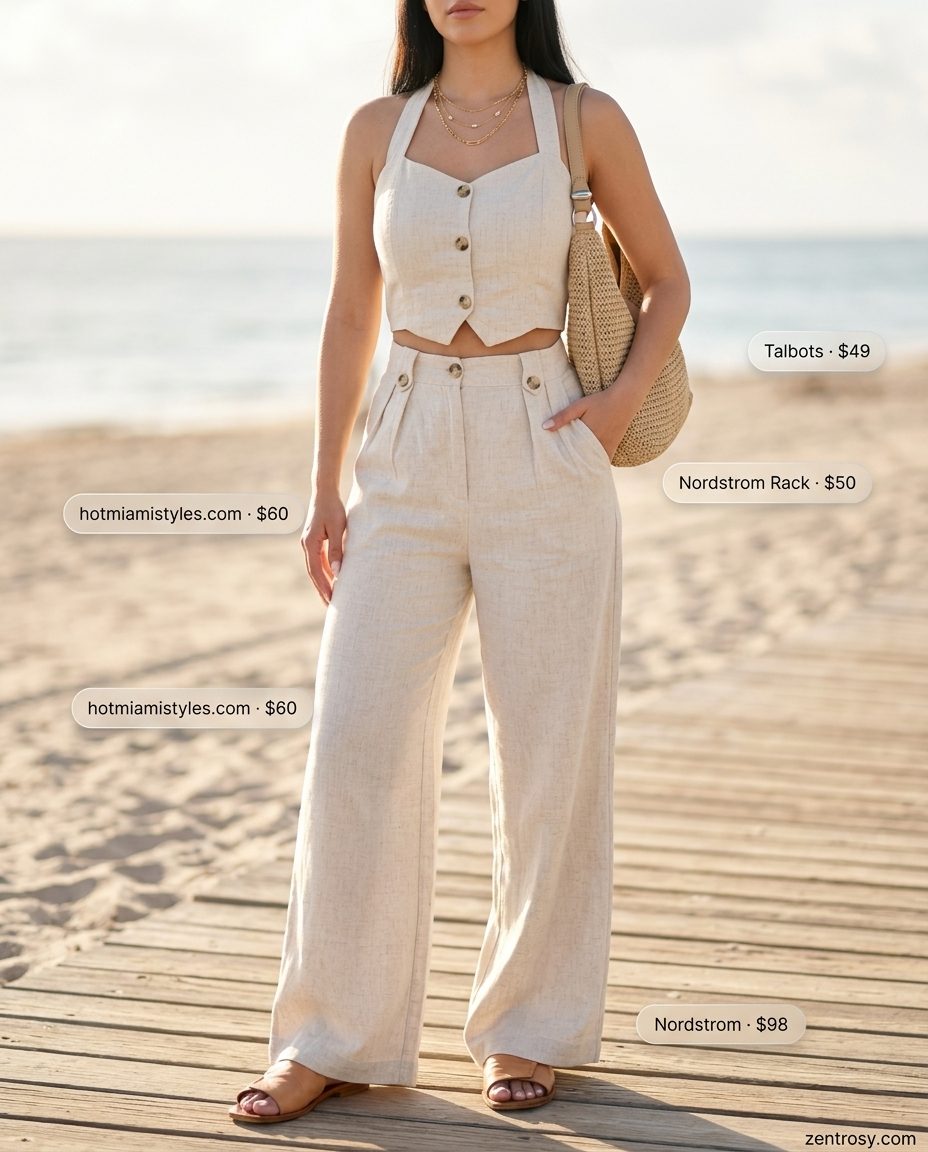 Linen Set Summer Outfits with Flat Sandals for Women 2026 Relaxed off-white linen set, tan flat sandals, and layered necklaces for summer outfits with flat sandals for women 2026.