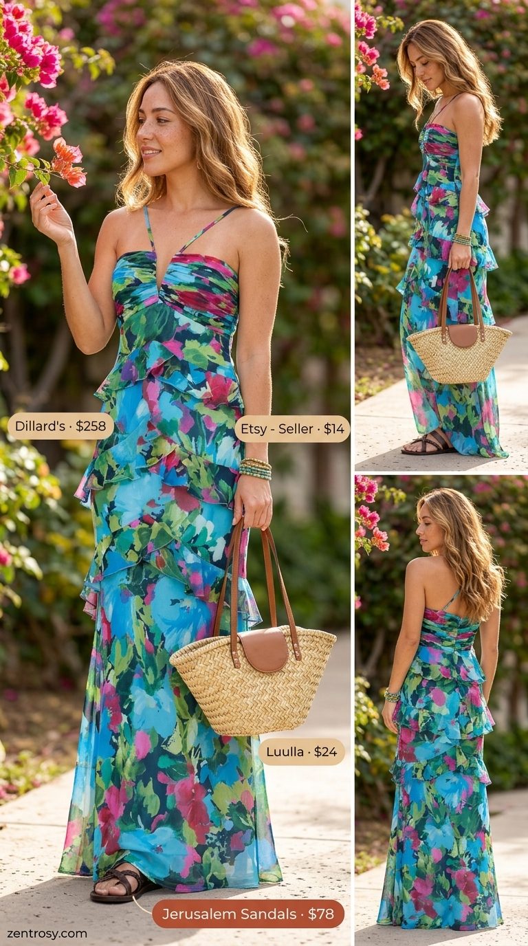 Boho Summer Outfits with Flat Sandals for Women 2026 Bohemian coral maxi dress, braided flat sandals, and straw tote for summer outfits with flat sandals for women 2026.