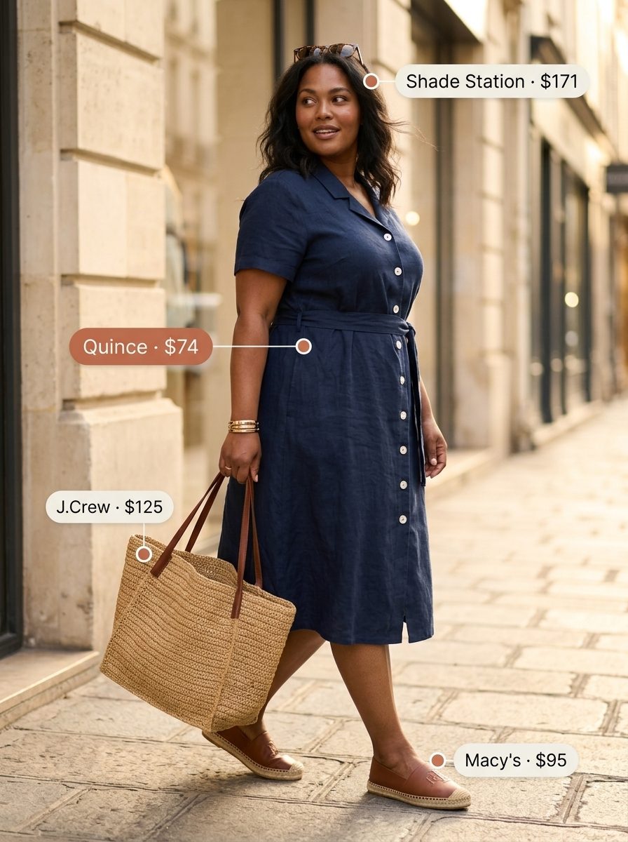 Effortless Summer Outfits with Flat Sandals for Women 2026 Effortless navy linen shirtdress, straw tote, and tan espadrille flat sandals for summer outfits with flat sandals for women 2026.