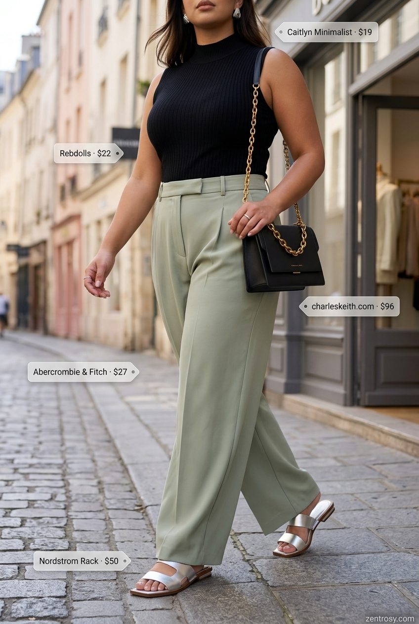 City Explorer Chic: Summer Outfits 2026 Olive green wide-leg trousers with bodysuit and silver sandals, summer outfits with flat sandals for women 2026. Polished city style.