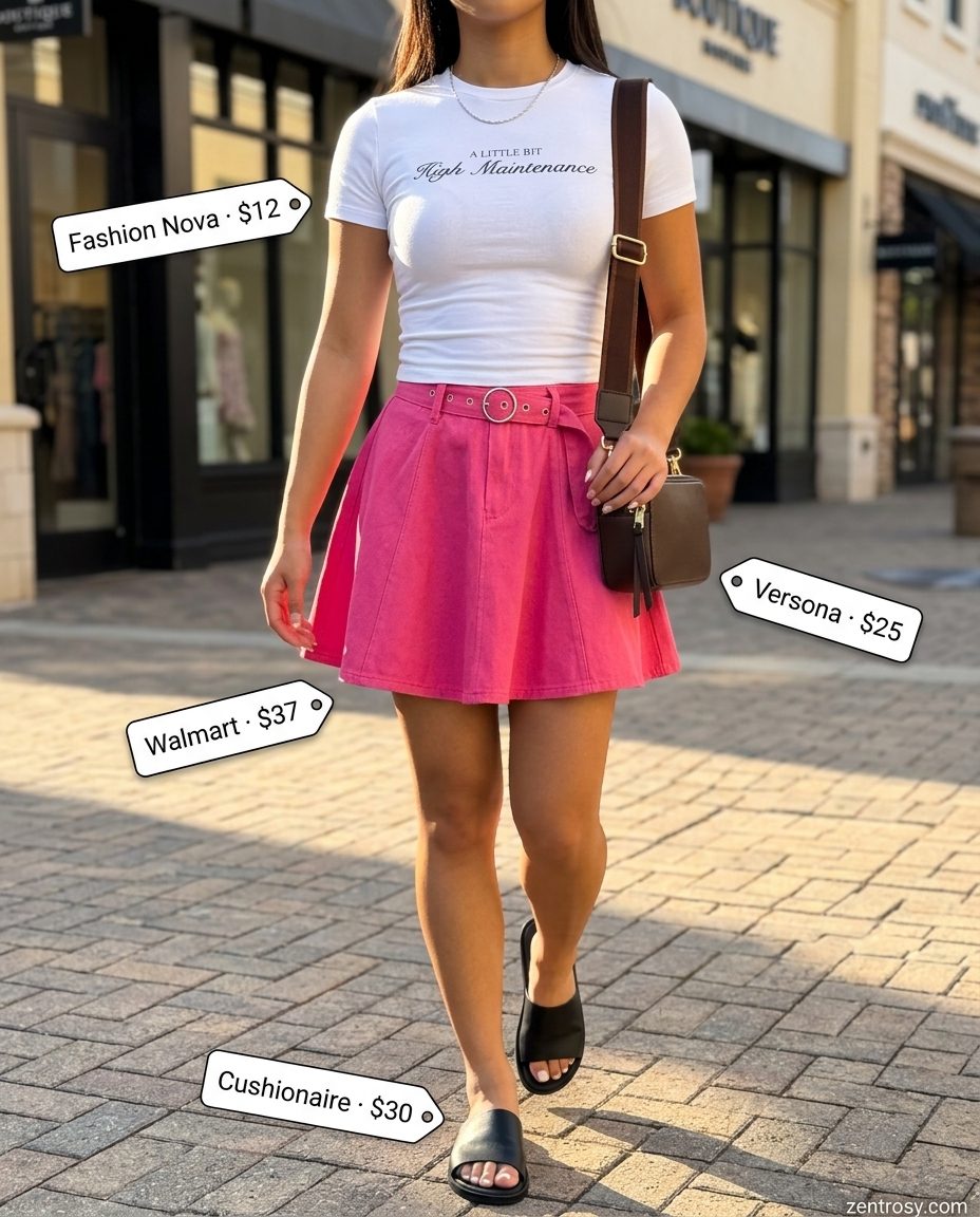 Pink Mini Skirt & Flat Sandals 2026 Hot pink mini skirt with graphic tee & flat slide sandals for women 2026. Playful casual look.
