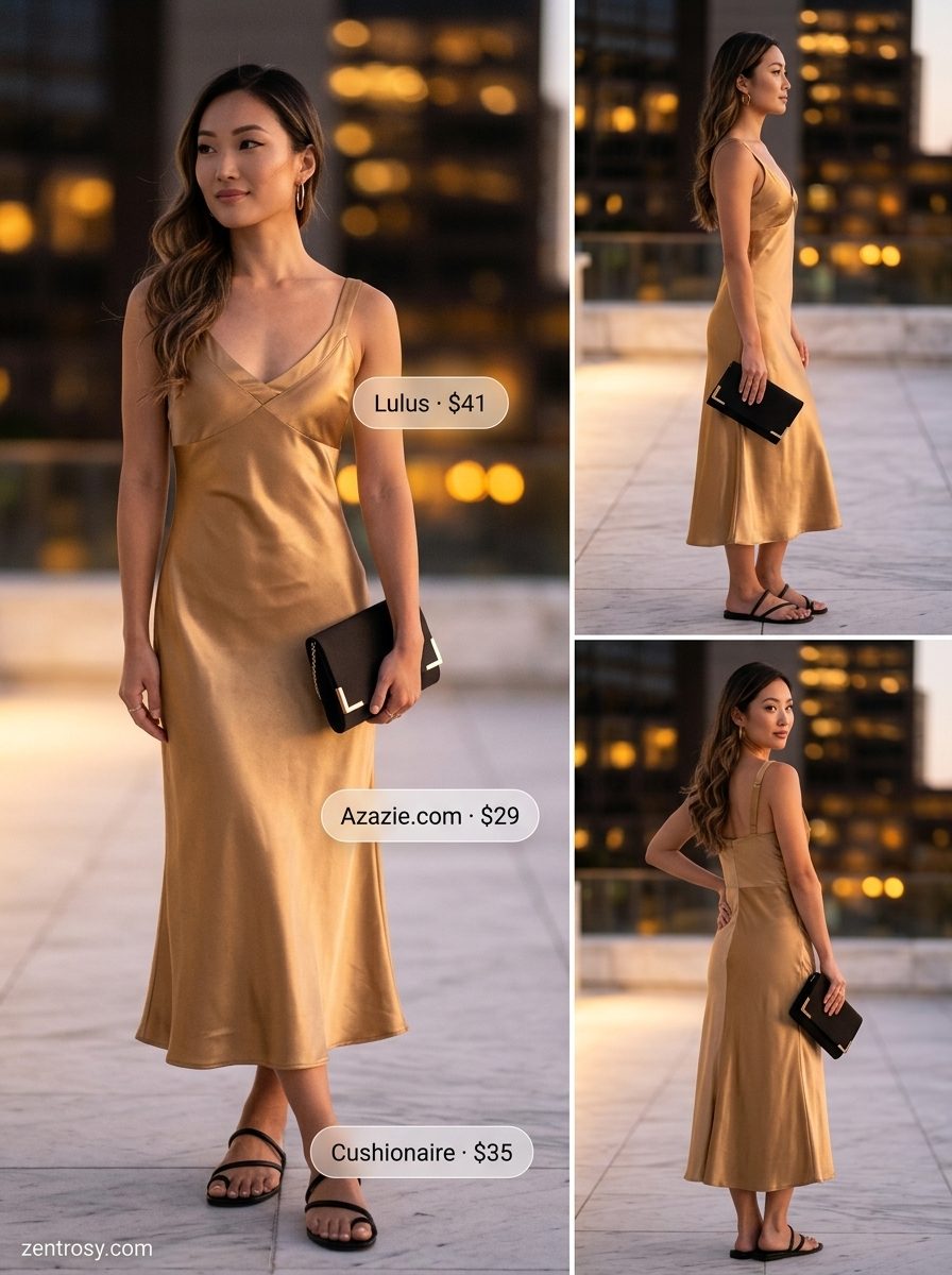 Slip Dress & Flat Sandals 2026 Golden yellow slip dress with minimalist flat sandals for women 2026. Elegant date night outfit.