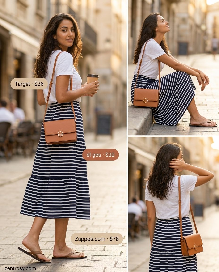 Weekend Summer Outfits with Flat Sandals for Women 2026 Playful striped midi skirt, coral tee, and tan flat thong sandals for summer outfits with flat sandals for women 2026.