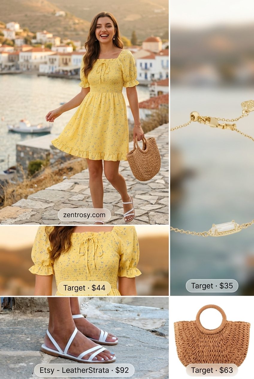 Yellow Floral Sundress & Flat Sandals 2026 Yellow floral mini sundress with flat sandals for women 2026. Perfect for picnics & casual summer days.