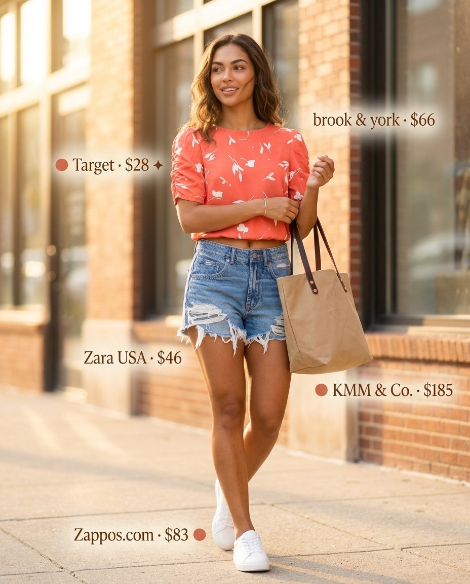 Hourglass Shape Summer Outfits 2026: Denim Shorts Summer outfits for women with Hourglass Shape 2026: Denim shorts & floral blouse for brunch. Casual, relaxed, playful.