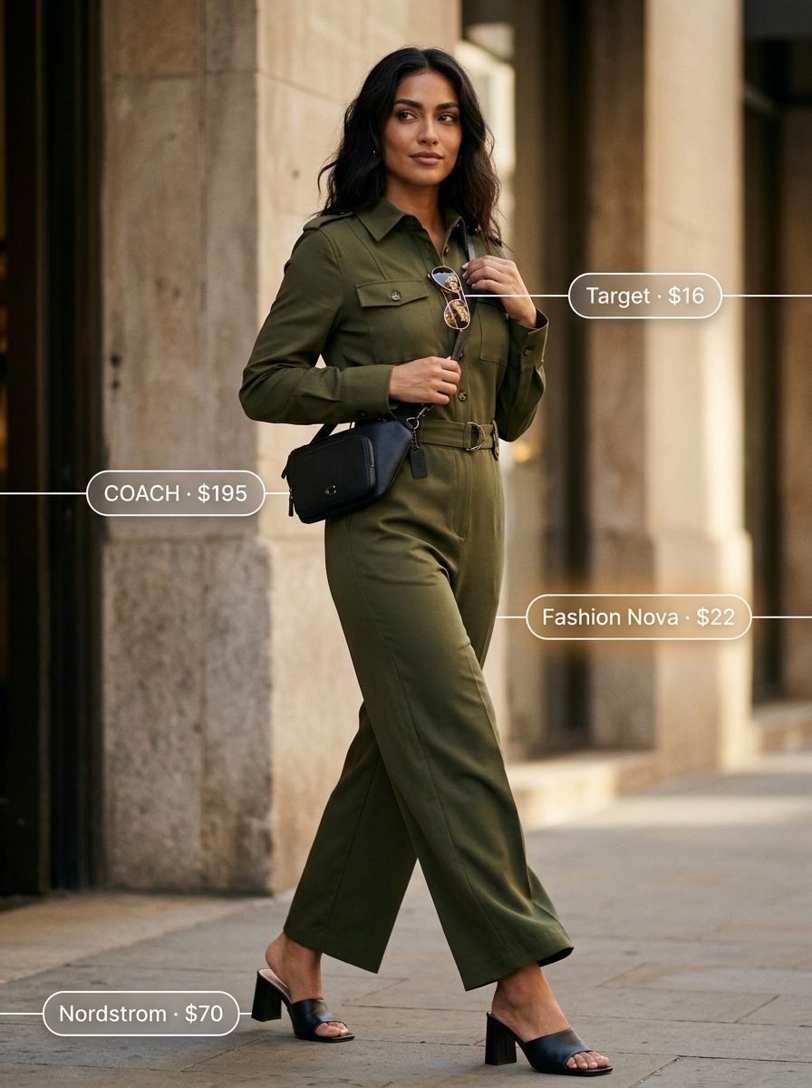 Hourglass Shape Summer Outfits 2026: Utility Jumpsuit Summer outfits for women with Hourglass Shape 2026: Olive green utility jumpsuit for travel and errands.