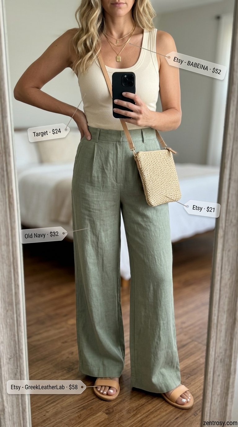 Hourglass Shape Summer Outfits 2026: Linen Pants Style Summer outfits for women with Hourglass Shape 2026: Sage green linen pants and cream tank top for a casual day out.