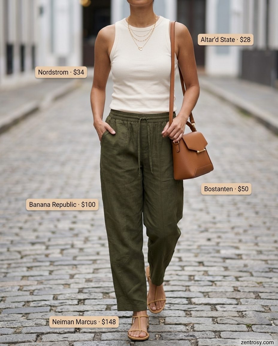 Hourglass Shape Summer Outfits 2026: Linen Pants Summer outfits for women with Hourglass Shape 2026: Olive green linen pants & ribbed tank for casual outings. Relaxed, chic.