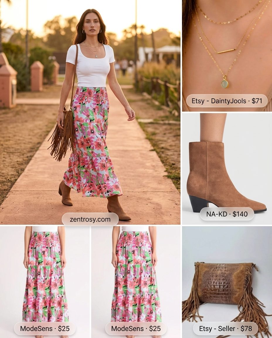 Hourglass Shape Summer Outfits 2026: Maxi Skirt Summer outfits for women with Hourglass Shape 2026: Boho maxi skirt & crop top for festivals. Bohemian, free-spirited.