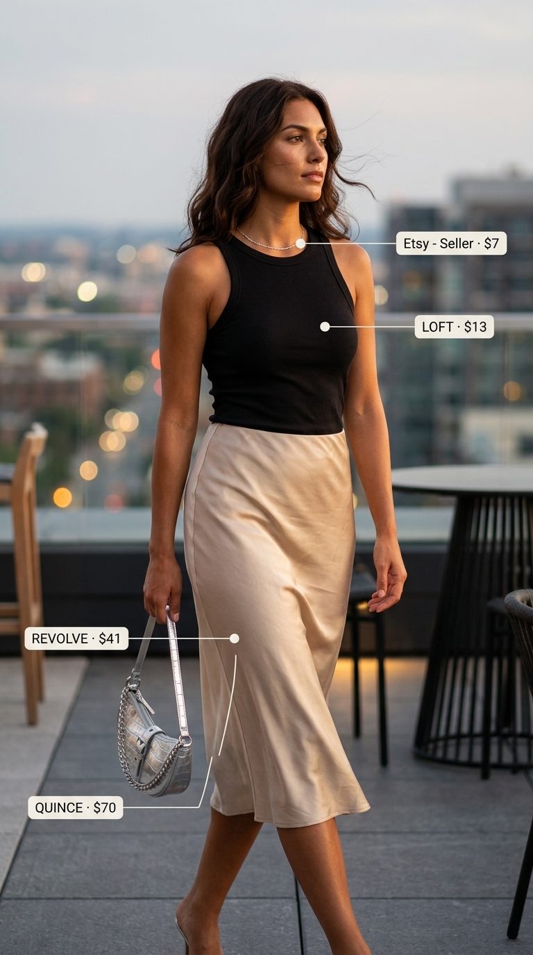 Hourglass Shape Summer Outfits 2026: Satin Midi Skirt Summer outfits for women with Hourglass Shape 2026: Champagne satin midi skirt and black knit top for a dinner date.