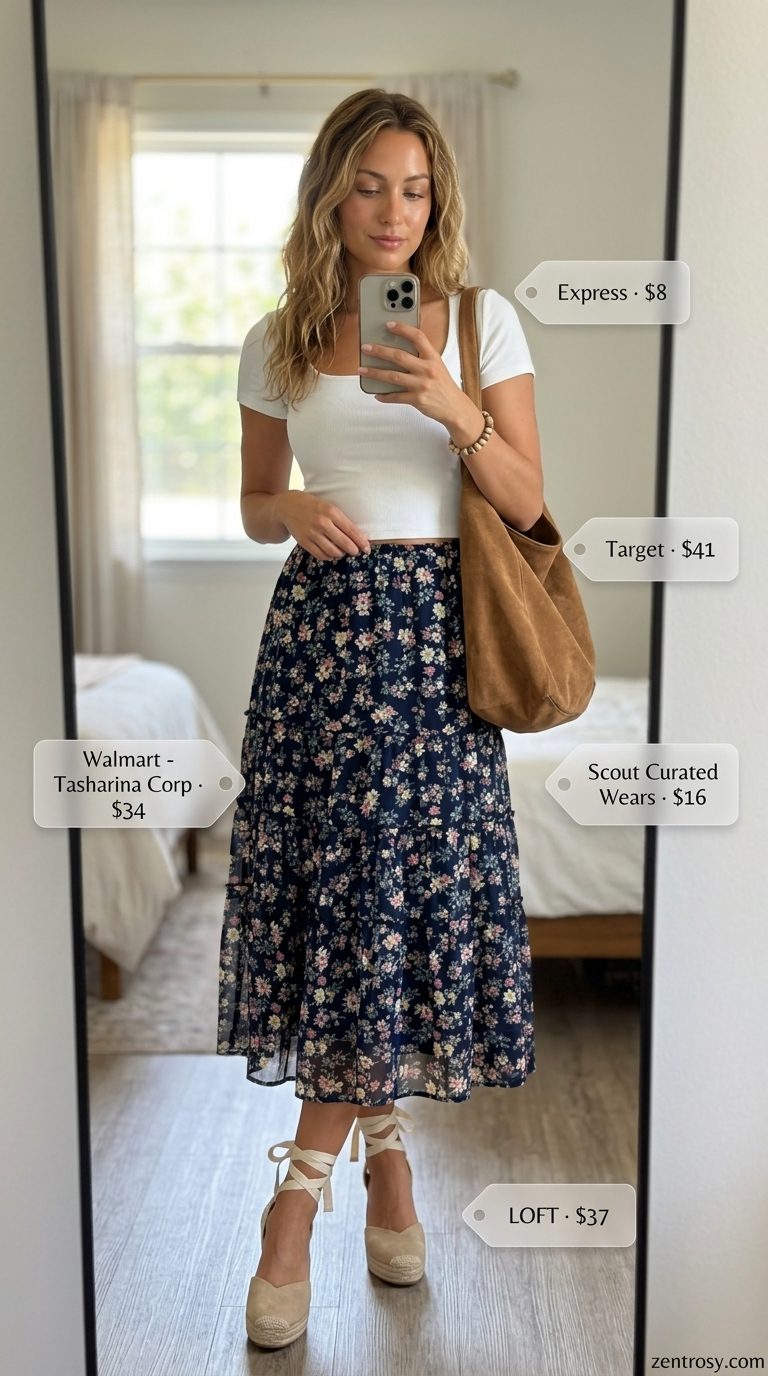 Hourglass Shape Summer Outfits 2026: Midi Skirt & Crop Summer outfits for women with Hourglass Shape 2026: Flowy midi skirt & fitted crop top for festivals. Boho, feminine.