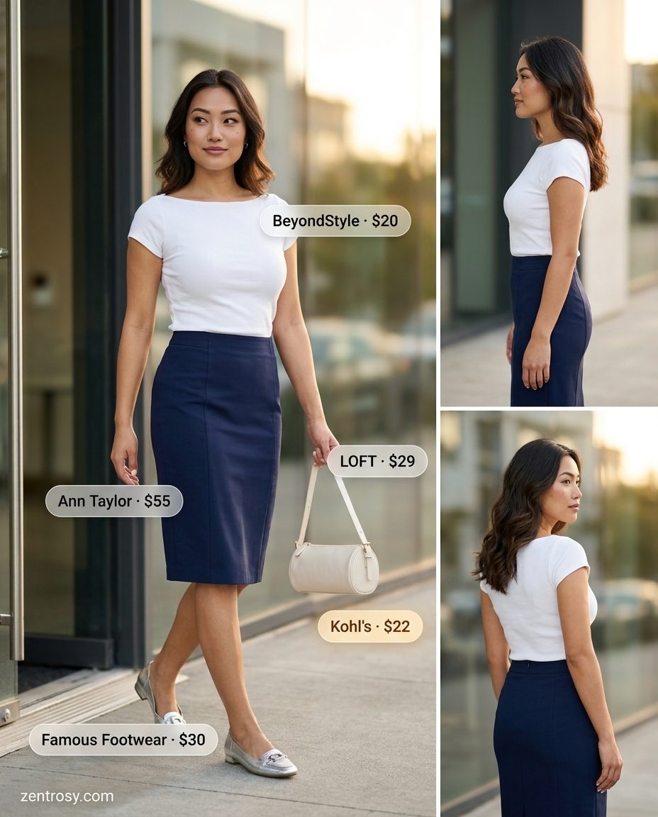 Hourglass Shape Summer Outfits 2026: Pencil Skirt Summer outfits for women with Hourglass Shape 2026: Navy pencil skirt and white knit top for smart casual.