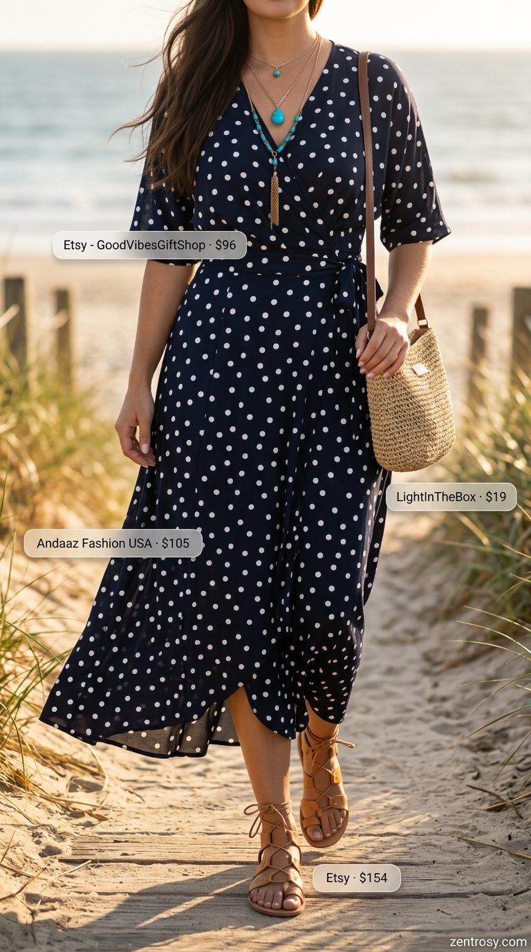 Hourglass Shape Summer Outfits 2026: Polka Dot Maxi Summer outfits for women with Hourglass Shape 2026: Navy polka dot maxi dress for beach vacations.