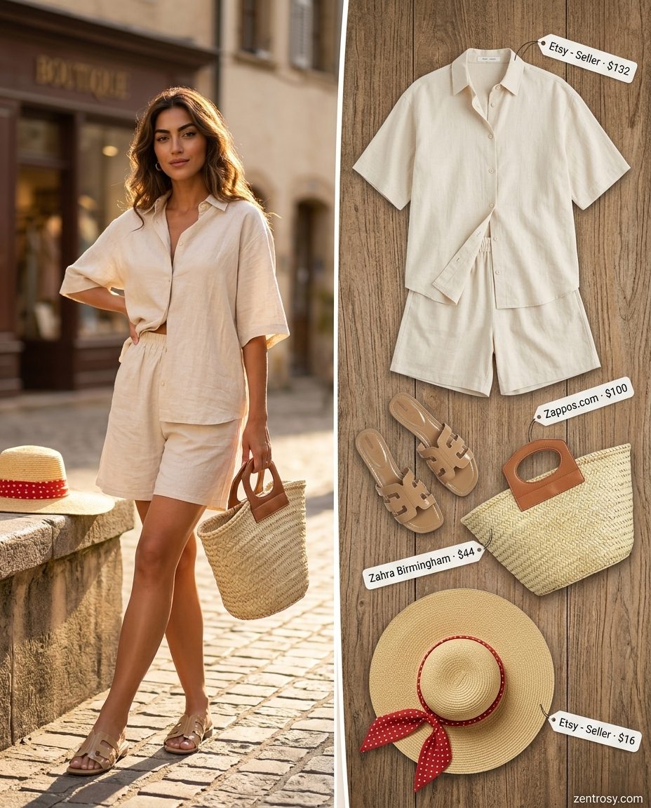 Hourglass Shape Summer Outfits 2026: Linen Shorts Set Summer outfits for women with Hourglass Shape 2026: Cream linen shorts set for relaxed weekends and travel.