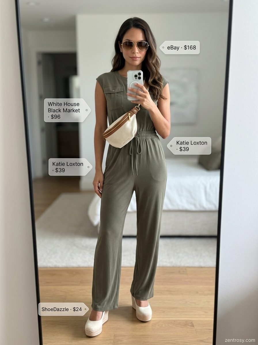 Hourglass Shape Summer Outfits 2026: Utility Jumpsuit Summer outfits for women with Hourglass Shape 2026: Khaki utility jumpsuit for errands. Modern, practical, stylish.