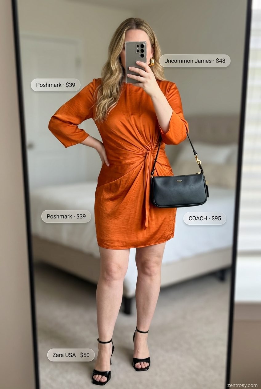 Hourglass Shape Summer Outfits 2026: Wrap Dress Summer outfits for women with Hourglass Shape 2026: Mango orange wrap dress for date night. Vibrant, confident style.