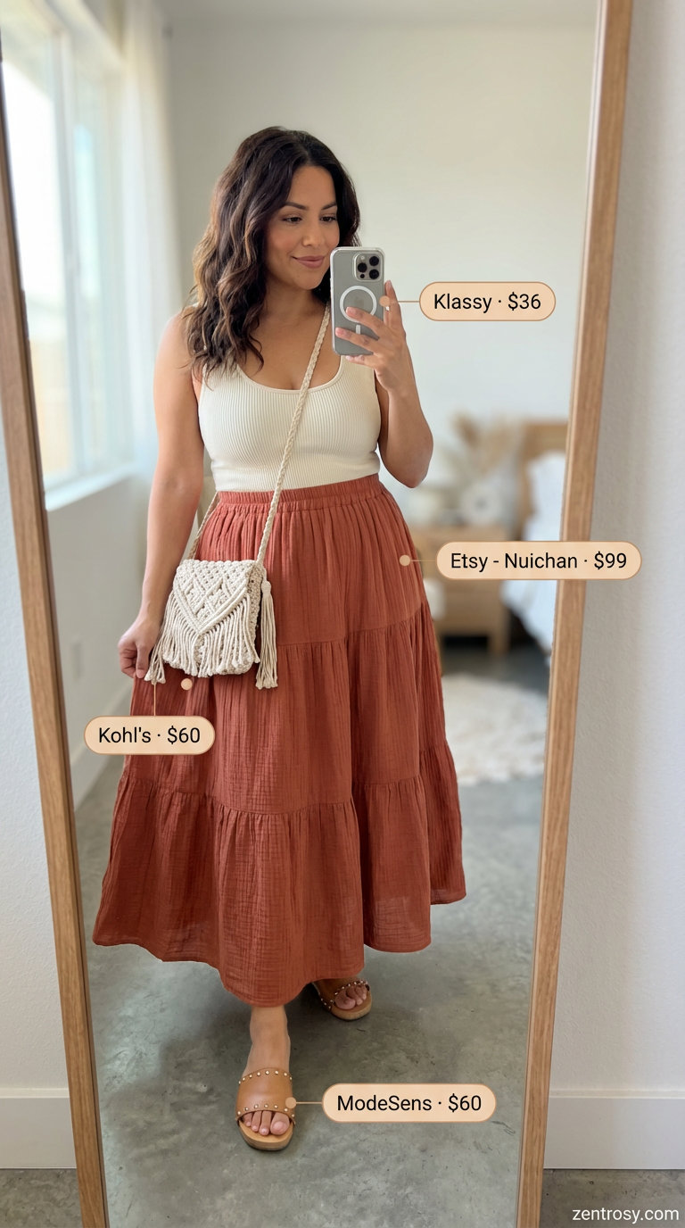 Boho Beachside Retreat for Summer Outfits Over 50 2026 Boho beachside retreat outfit featuring a terracotta tiered maxi skirt, cream scoop neck tank, macrame crossbody bag, and wooden slide sandals, great for summer outfits for women over 50.