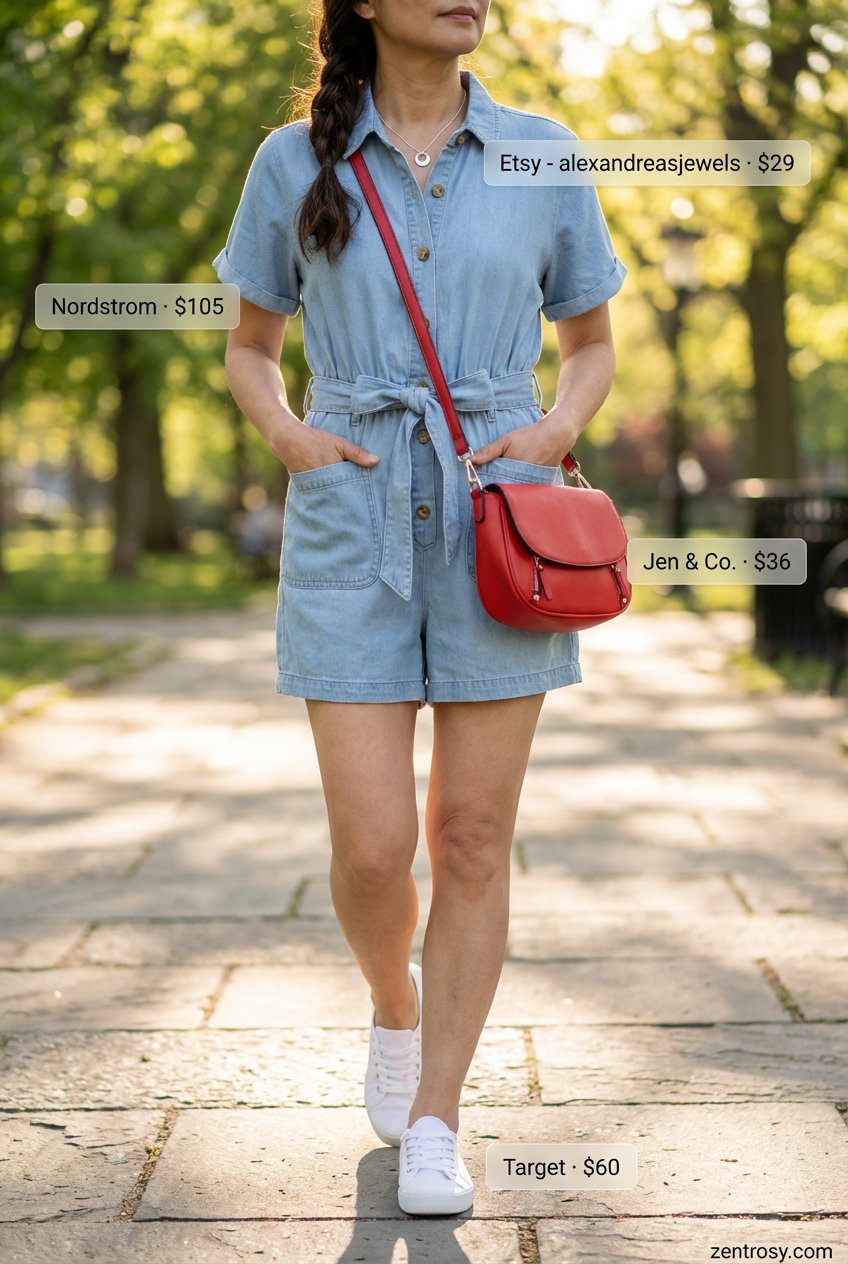 Casual Chic Romper for Summer Outfits 2026 Playful light wash denim romper with white sneakers and a red crossbody bag, ideal for summer outfits for women over 50. Comfortable and chic for casual outings.