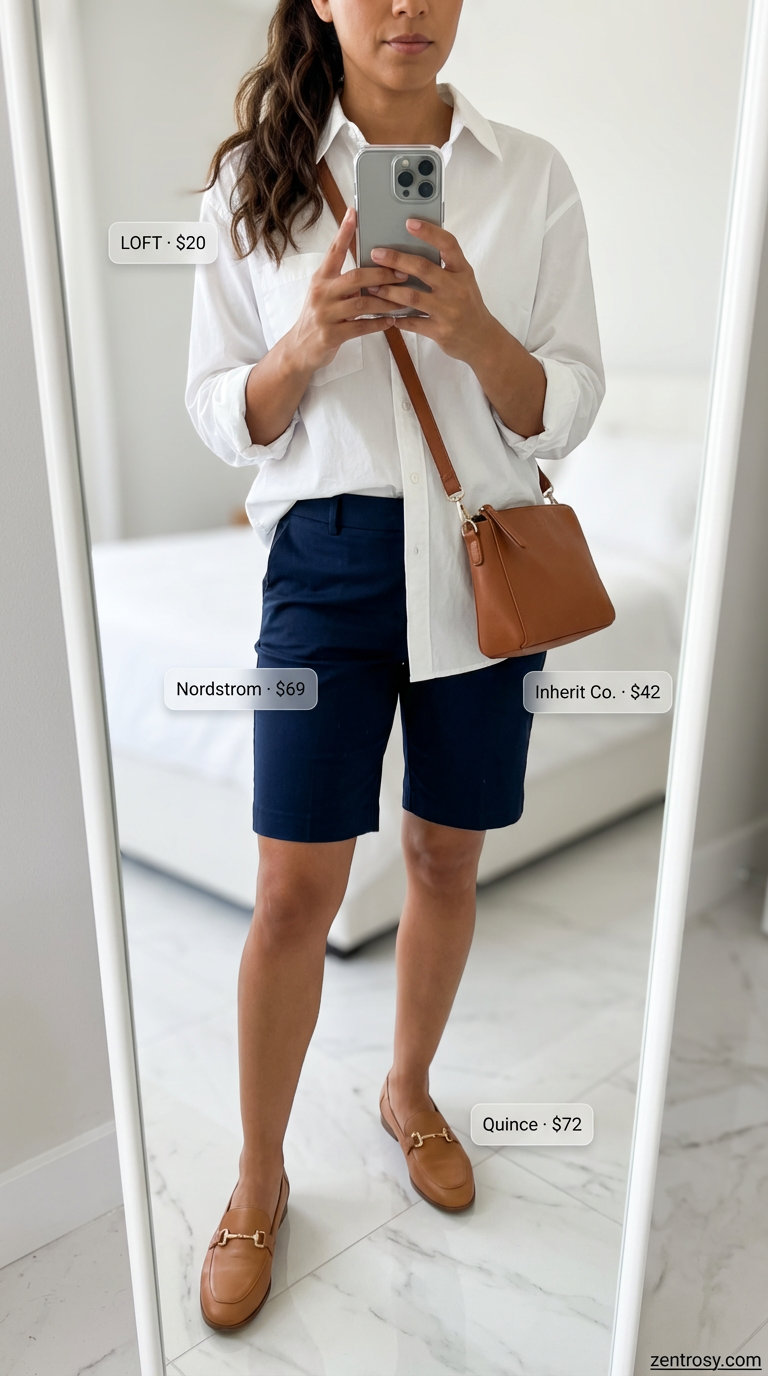 Chic City Explorer: Summer Outfits Over 50 2026 Chic city explorer outfit with navy Bermuda shorts, a crisp white button-down, tan leather loafer mules, and a cognac crossbody for stylish summer outfits for women over 50.