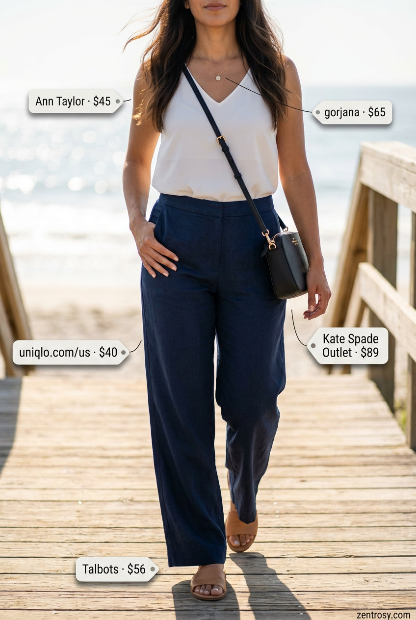 Coastal Linen Elegance: Summer Outfits Over 50 2026 Elegant coastal linen outfit with navy wide-leg pants, a white sleeveless V-neck shell blouse, flat tan slides, and a cream crossbody, ideal for summer outfits for women over 50.