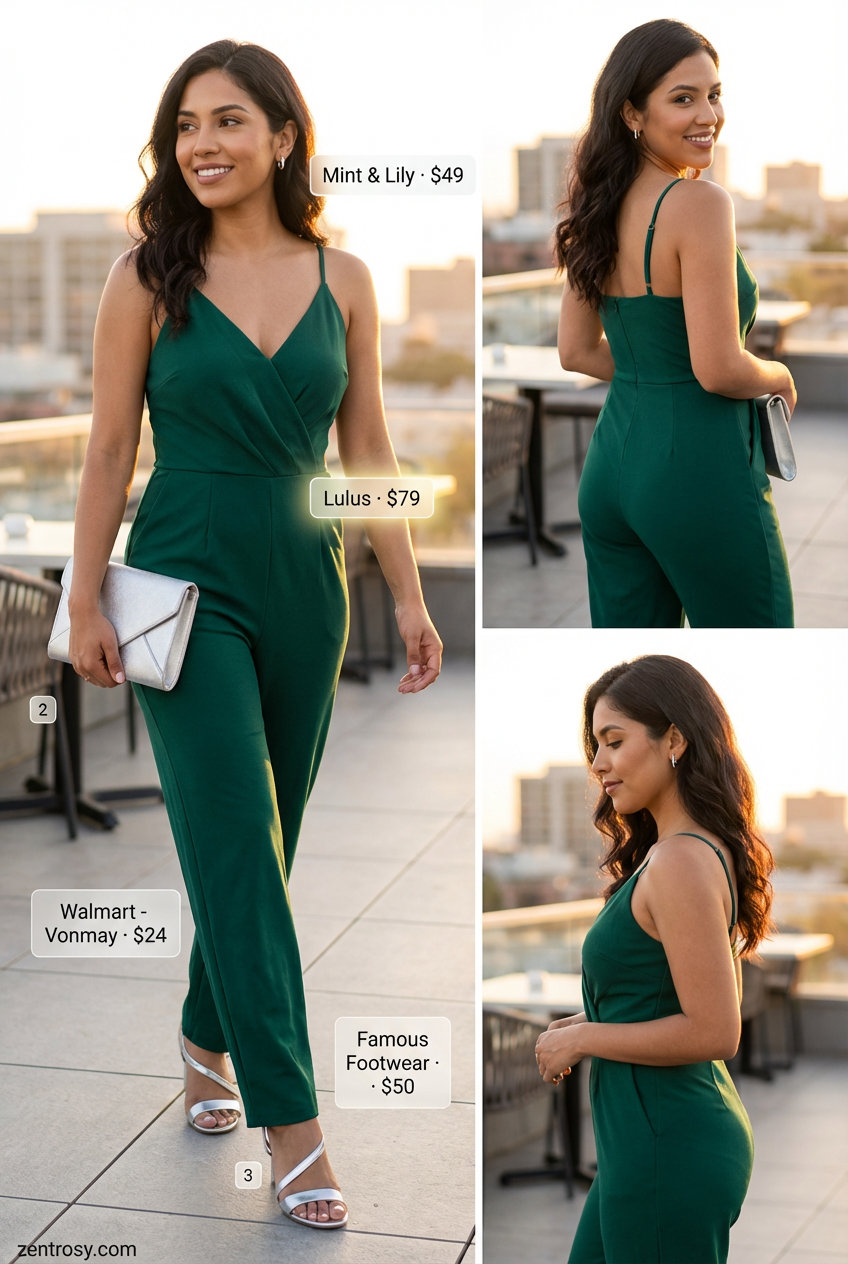 Serene Summer Evening: Outfits for Women Over 50 2026 Graceful emerald green wide-leg jumpsuit with silver heeled sandals and delicate hoop earrings, a sophisticated choice for summer outfits for women over 50 at an evening event.