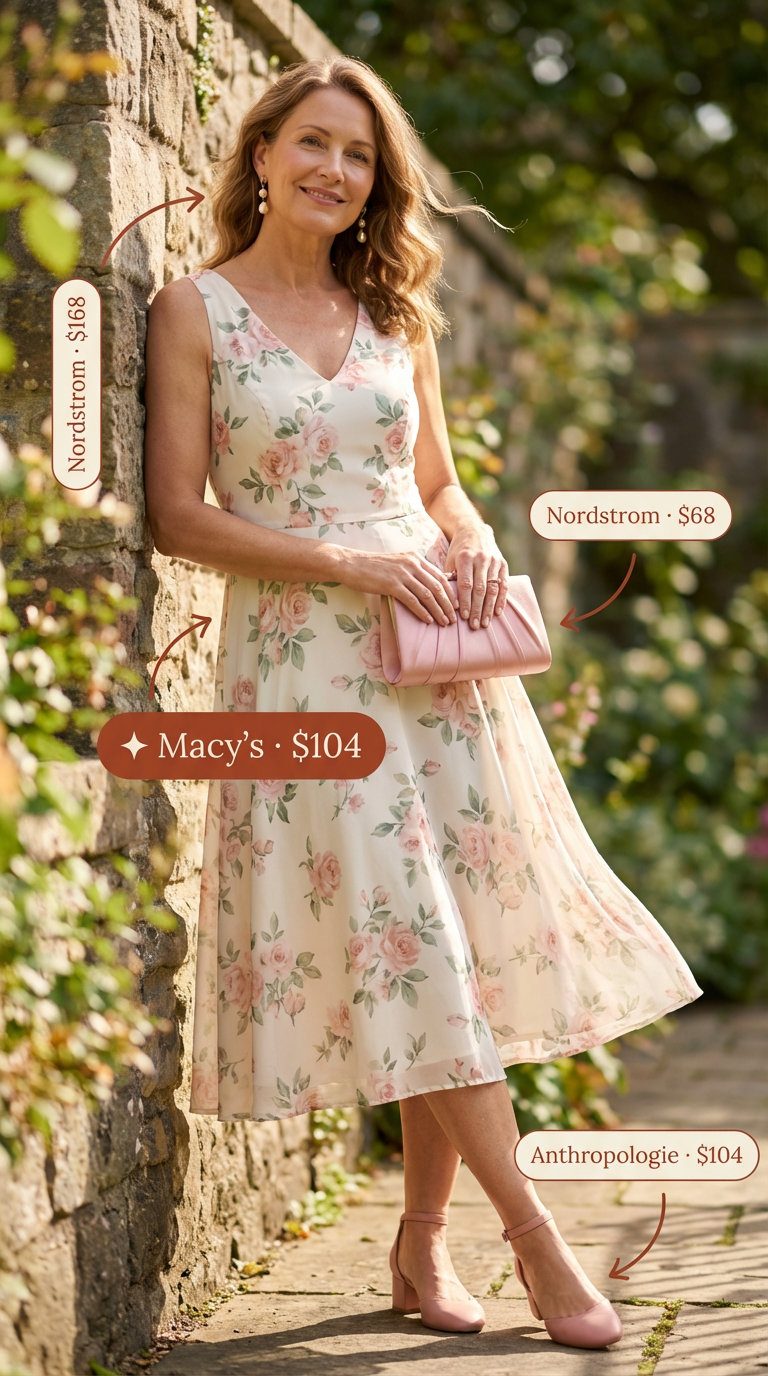 Garden Party Chic: Summer Outfits for Over 50 2026 Elegant floral print A-line midi dress in ivory with pink and green, paired with nude pink sandals for sophisticated summer outfits for women over 50 at a garden party.