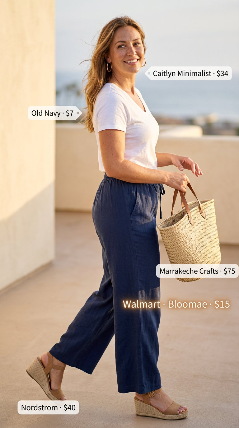 Coastal Linen Comfort: Summer Outfits for Over 50 2026 Relaxed coastal linen outfit with navy wide-leg linen pants, a white V-neck top, espadrille wedge sandals, and a straw tote, perfect for summer outfits for women over 50.