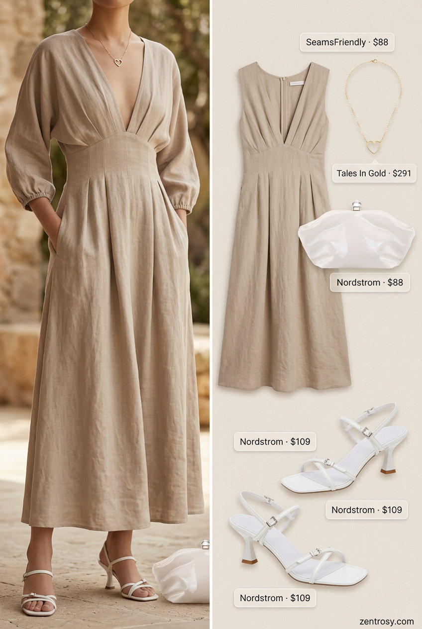 Summer outfits for women with Pear Shape 2026: Soft beige linen maxi dress with gold jewelry and white sandals for an elegant event.