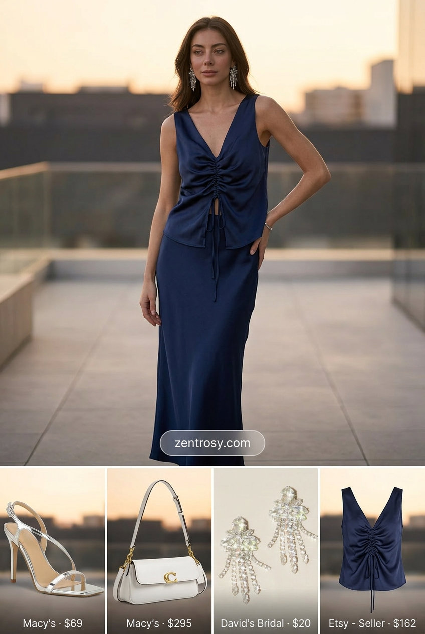 Summer outfits for women with Pear Shape 2026: Navy blue co-ord set for wedding guest.