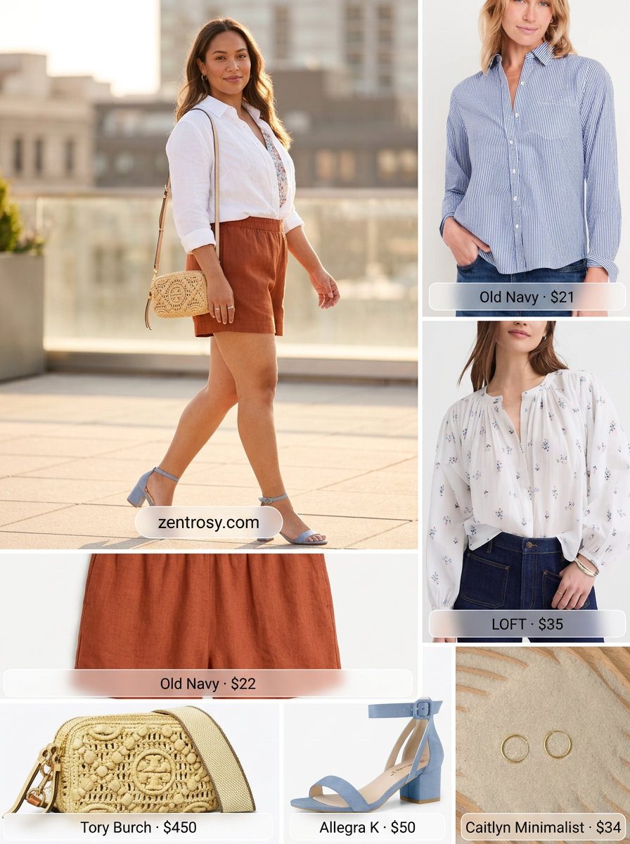 Summer outfits for women with Pear Shape 2026: Coral linen shorts with floral blouse and block heels for a chic luncheon.