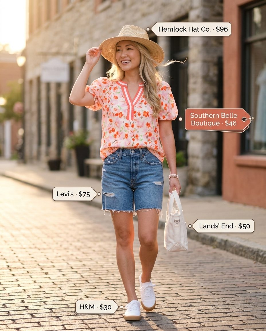 Denim shorts and floral blouse for summer outfits for women with pear shape 2026. Relaxed weekend or festival outfit.