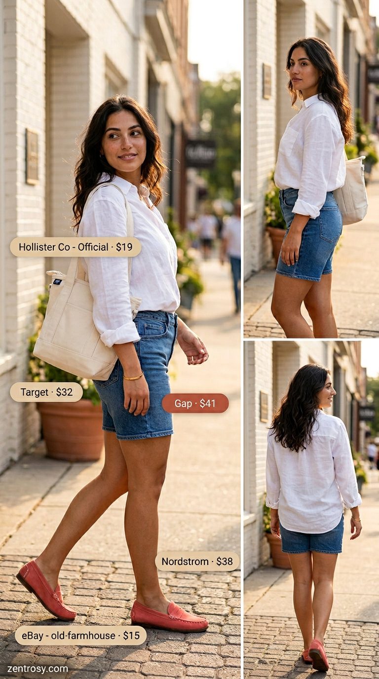 Denim shorts and linen shirt for summer outfits for women with pear shape 2026. Casual day out or park visit look.