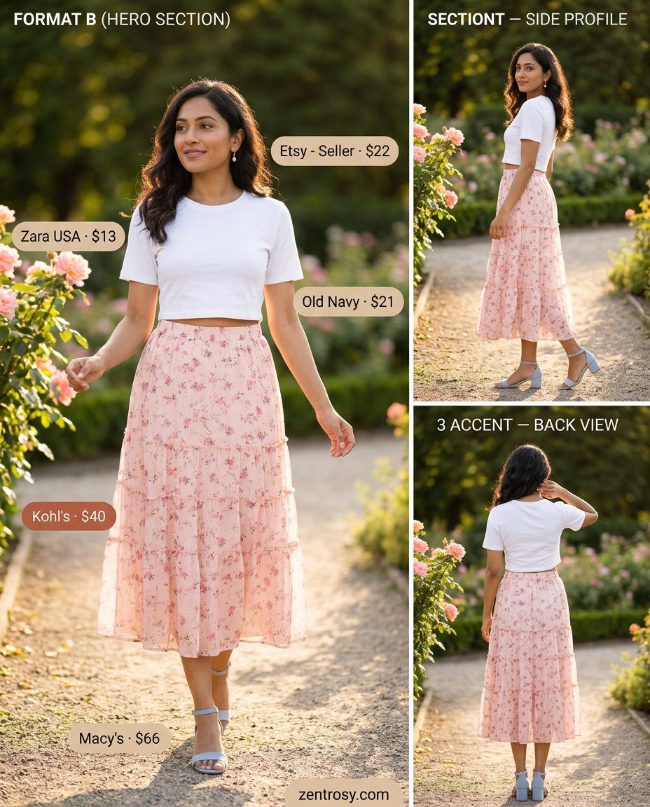 Floral midi skirt and cropped top for summer outfits for women with pear shape 2026. Feminine garden party or wedding guest look.