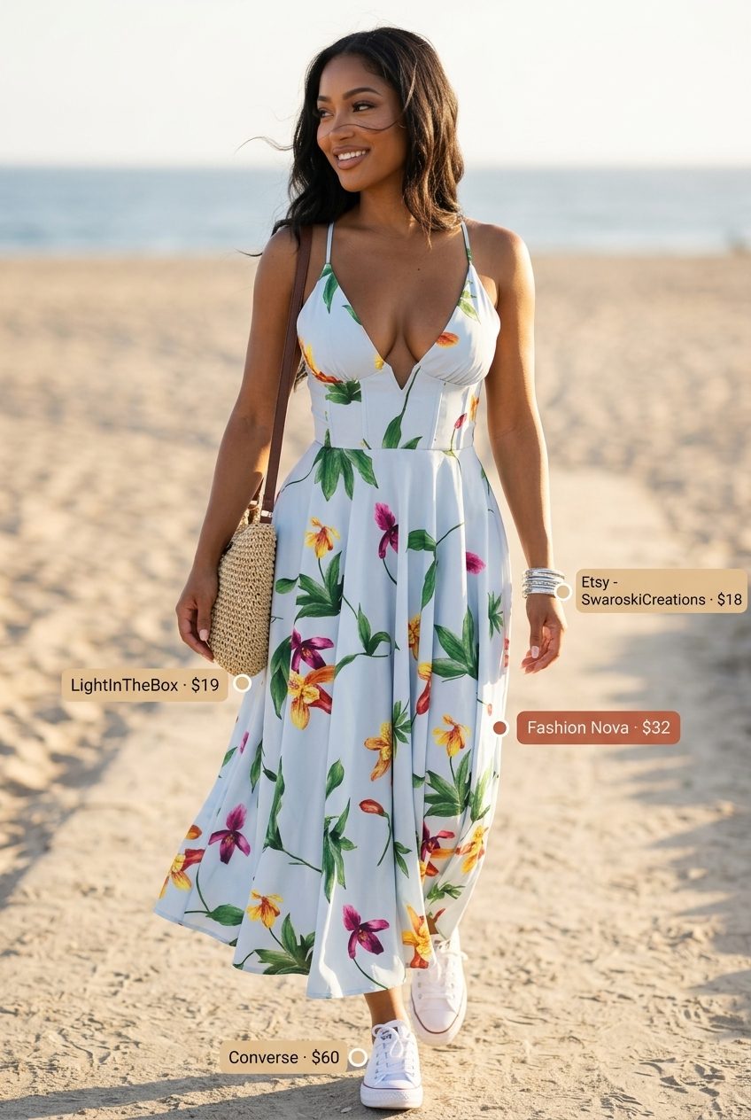 Pastel blue floral mini sundress for summer outfits for women with pear shape 2026. Playful picnic or beach day outfit.