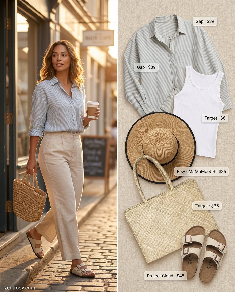 Light blue linen set for summer outfits for women with pear shape 2026. Relaxed beach vacation or casual weekend style.