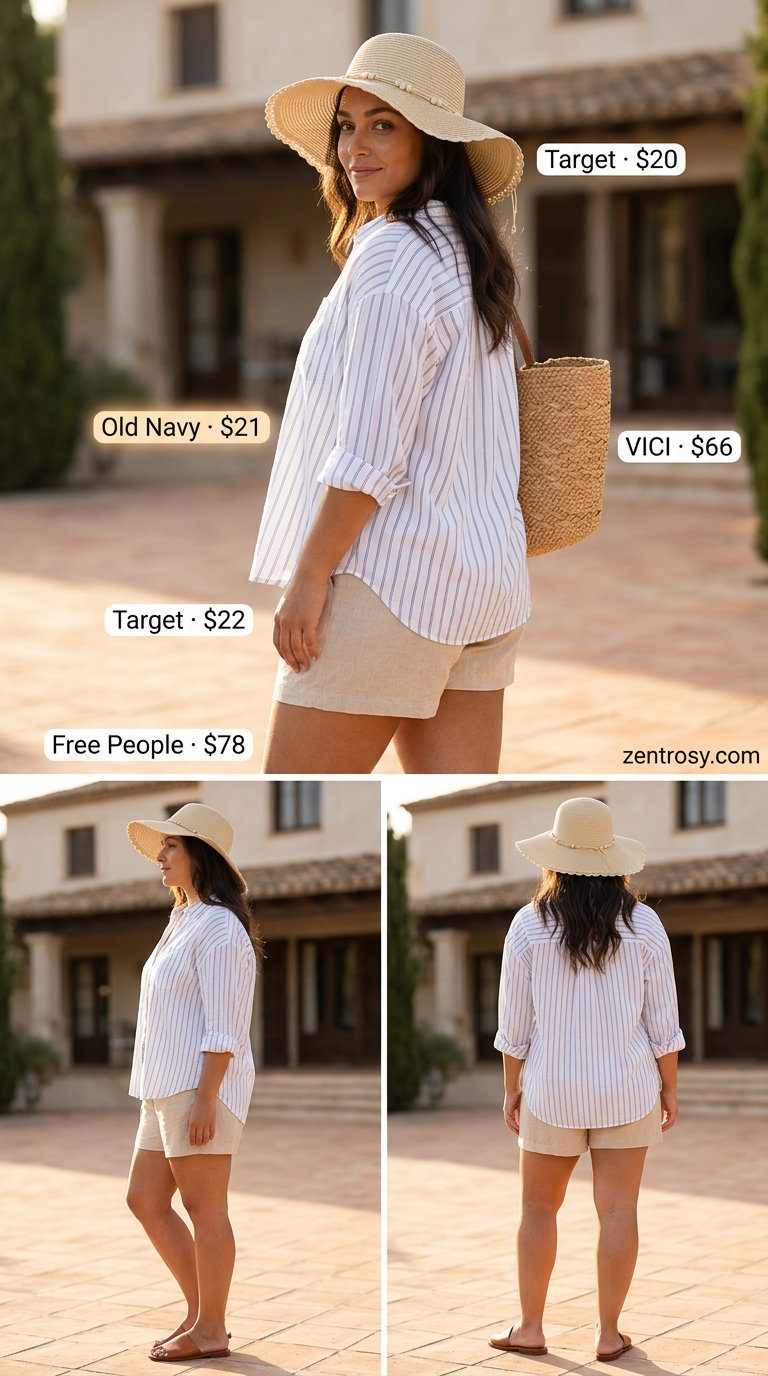 Summer outfits for women with Pear Shape 2026: White linen shorts & oversized shirt set for resort wear.