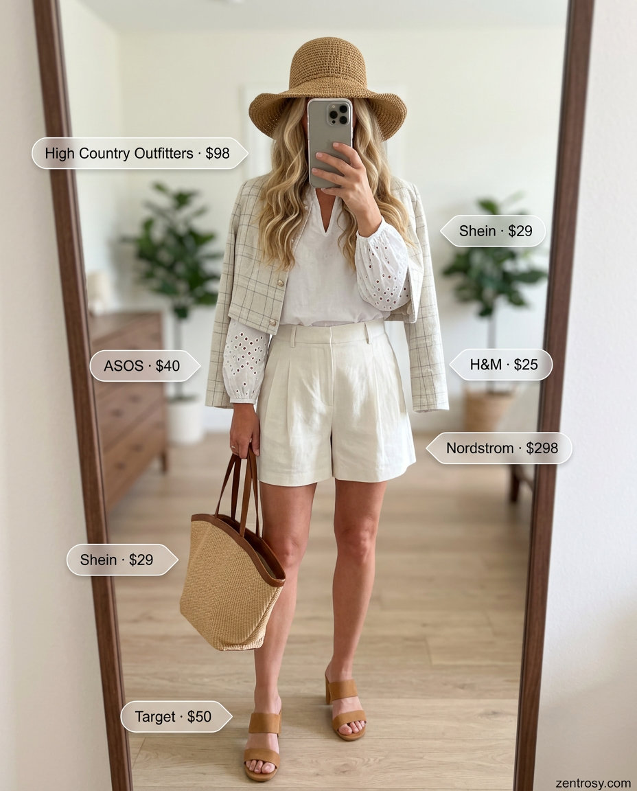 White eyelet blouse and linen shorts for summer outfits for women with pear shape 2026. Polished daytime event or weekend getaway.
