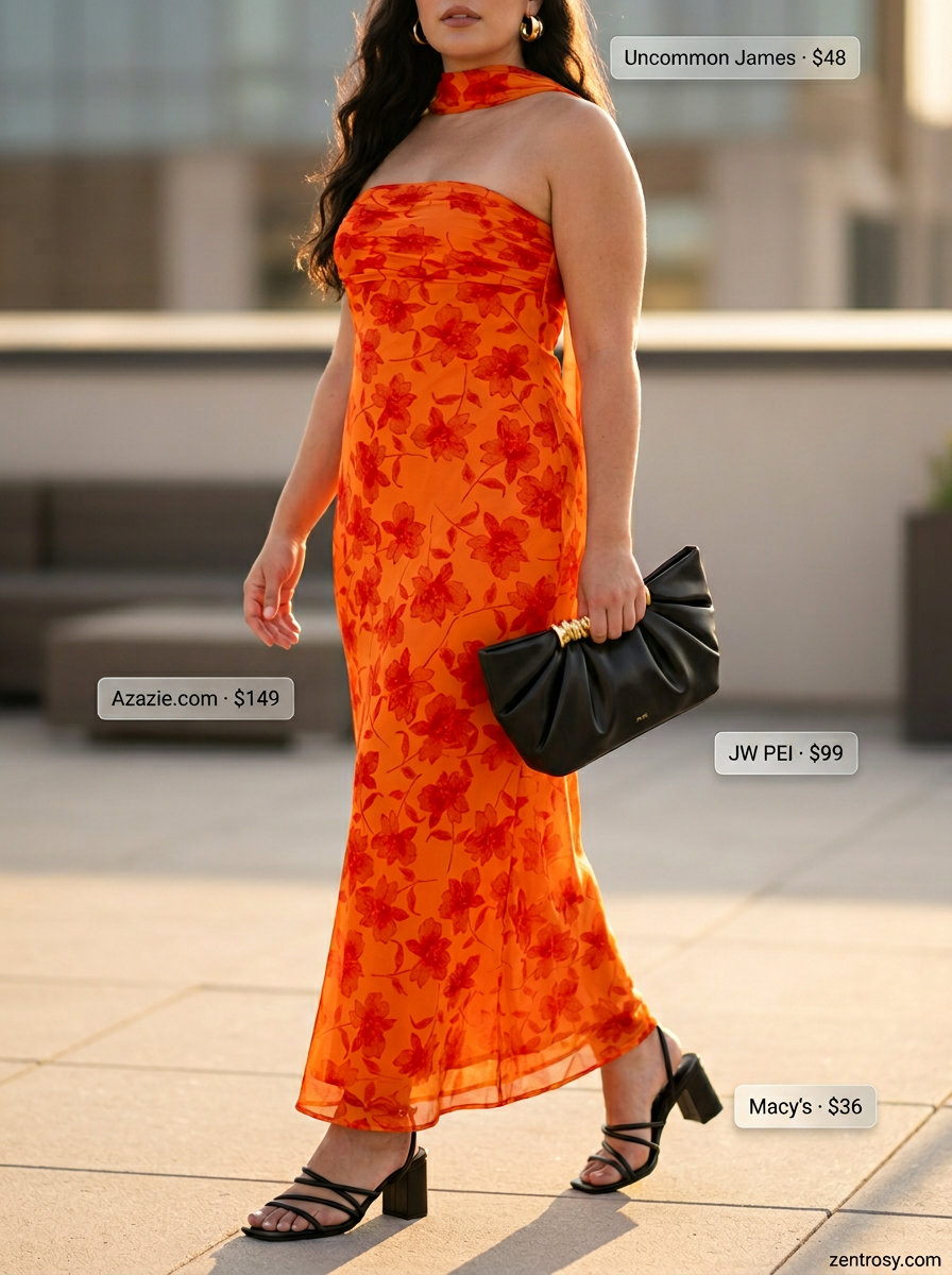 Summer outfits for women with Pear Shape 2026: Vibrant mango orange maxi dress with black heels and gold earrings for an evening event.