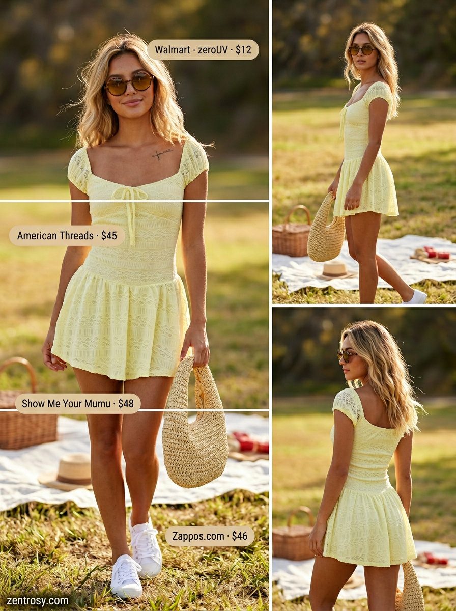 Summer outfits for women with Pear Shape 2026: Bright yellow mini sundress for beach day.