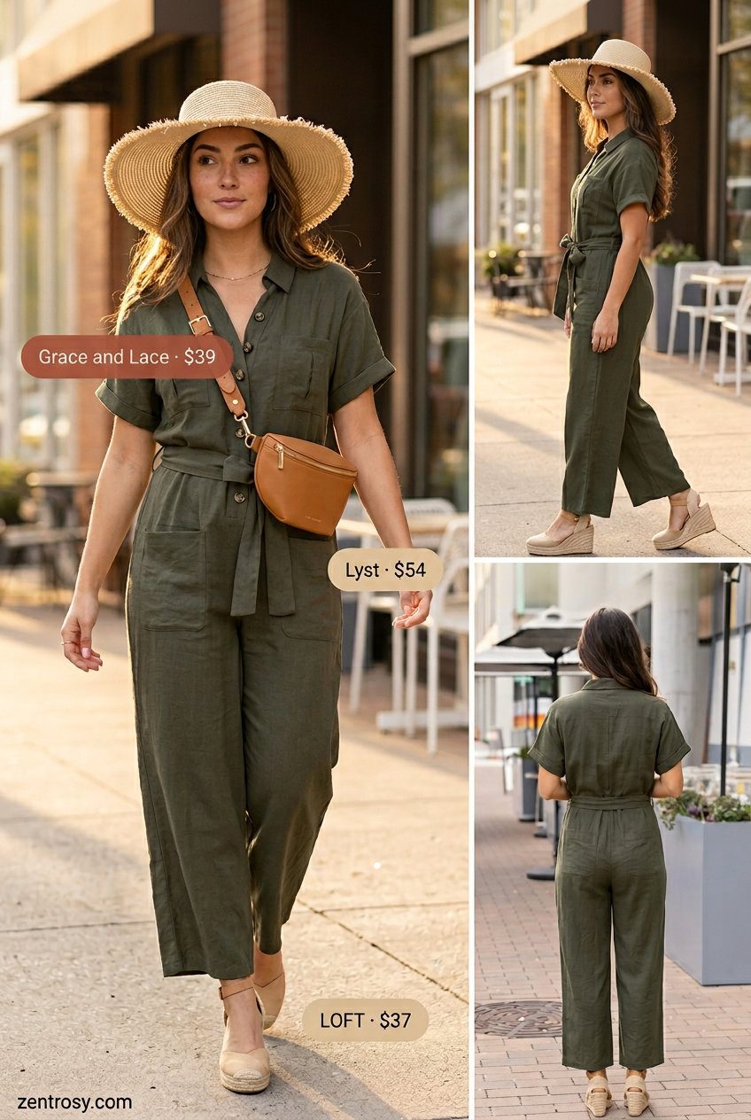 Olive green wide-leg jumpsuit for summer outfits for women with pear shape 2026. Stylish casual day out or dinner outfit.