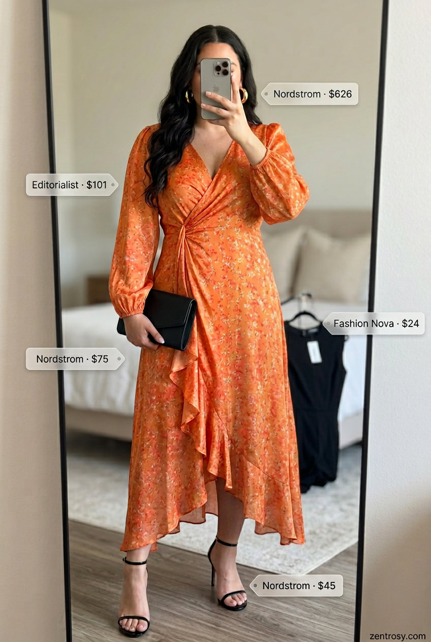 Mango orange wrap dress for summer outfits for women with pear shape 2026. Elegant evening dinner or cocktail party look.