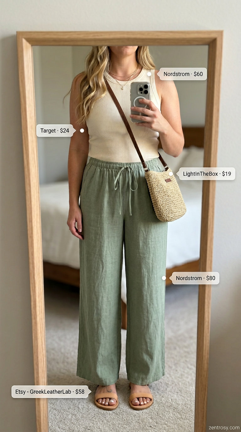 Summer outfits for women with Pear Shape 2026: Sage green linen pants with cream tank and tan sandals for a relaxed beach walk.