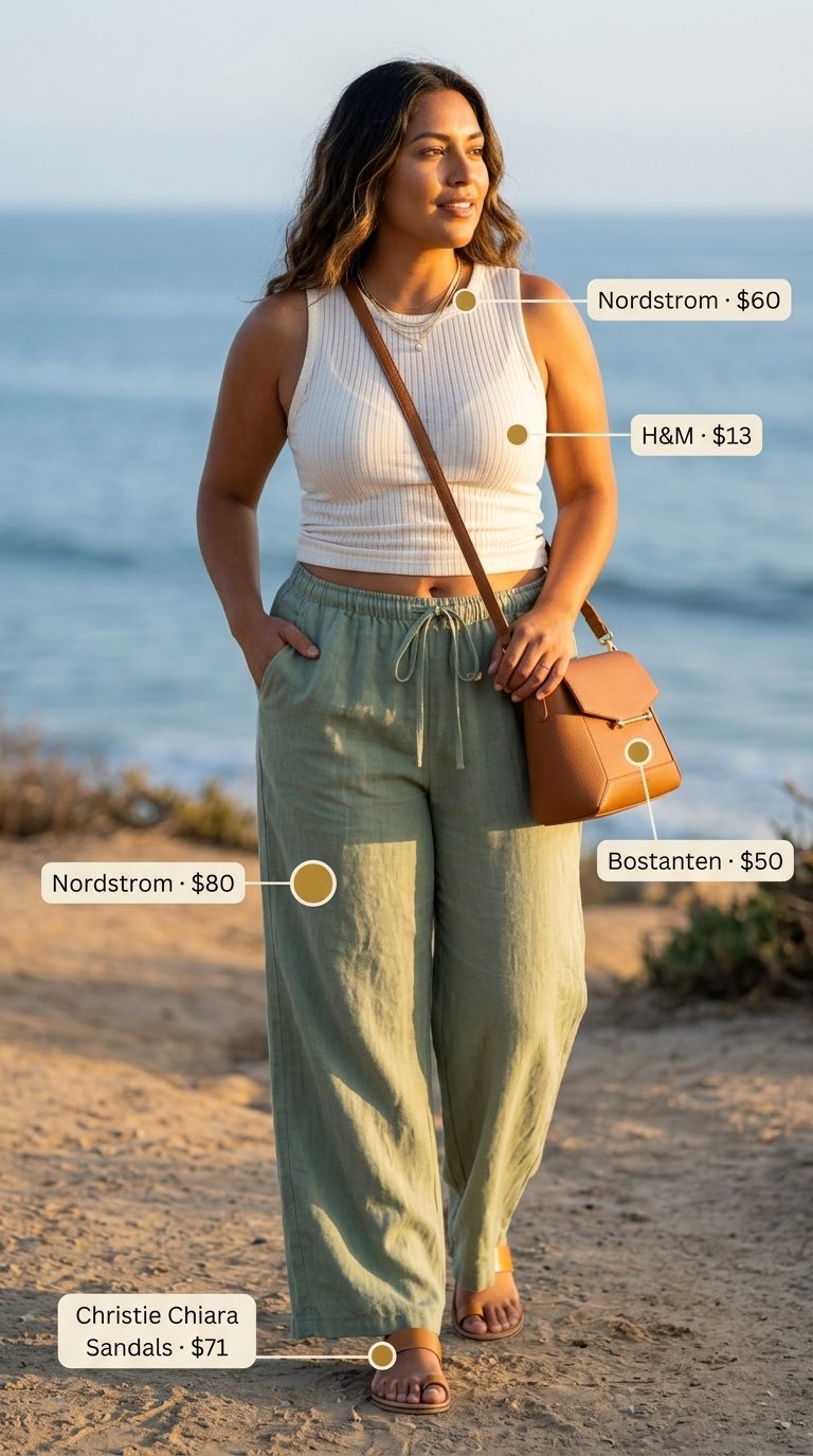 Summer outfits for women with Pear Shape 2026: Sage green linen pants with cream tank and tan sandals for a relaxed beach vibe.