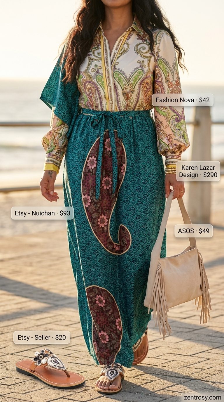 Summer outfits for women with Pear Shape 2026: Teal ethnic print maxi caftan with embellished sandals and bangles for resort wear.