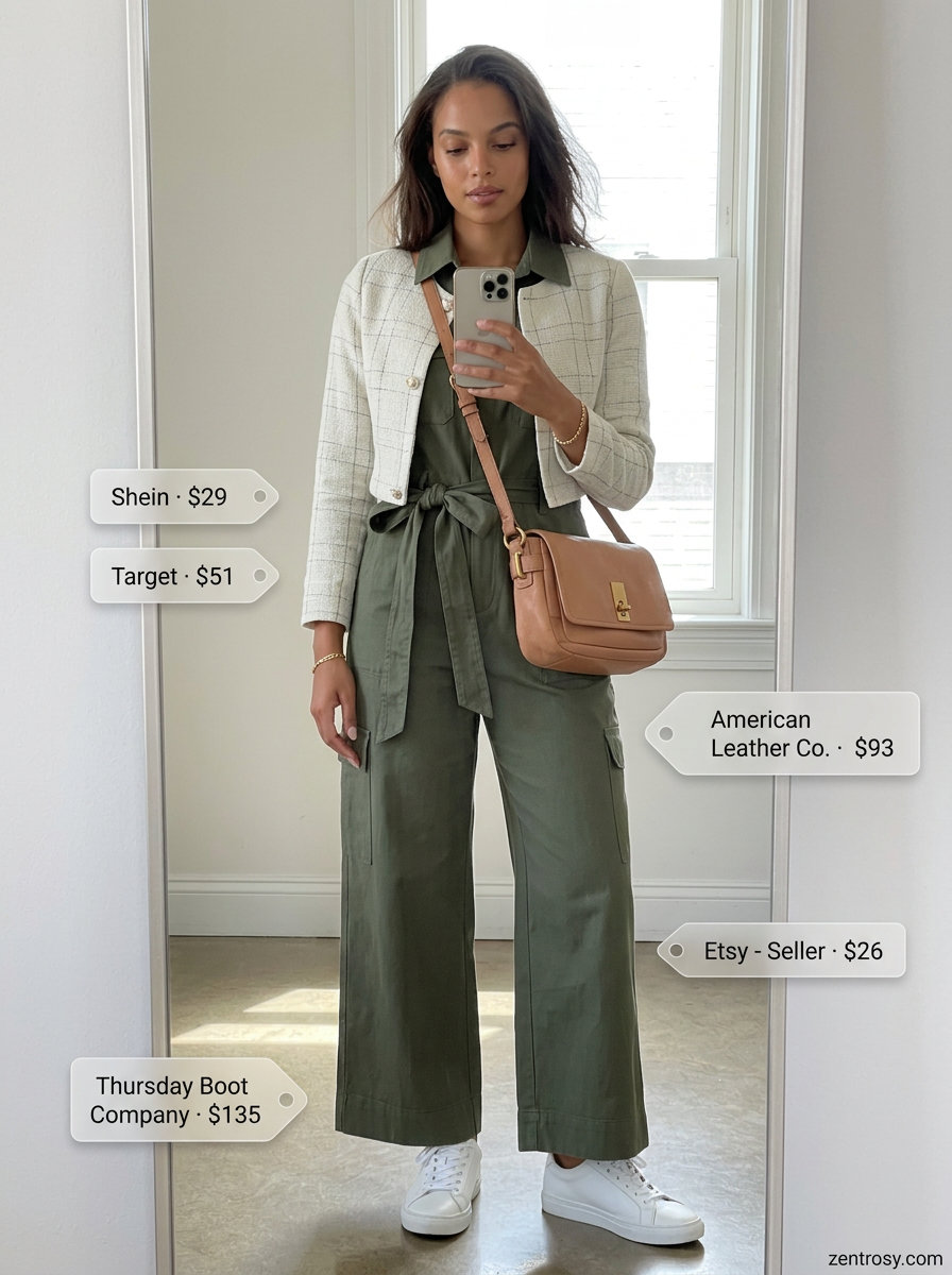 Summer outfits for women with Pear Shape 2026: Olive green utility jumpsuit for casual work or travel.