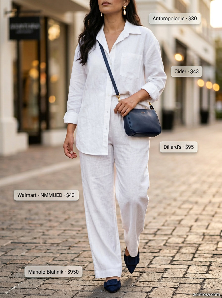 Summer outfits for women with Pear Shape 2026: White linen co-ord set with navy accessories for a chic resort look.